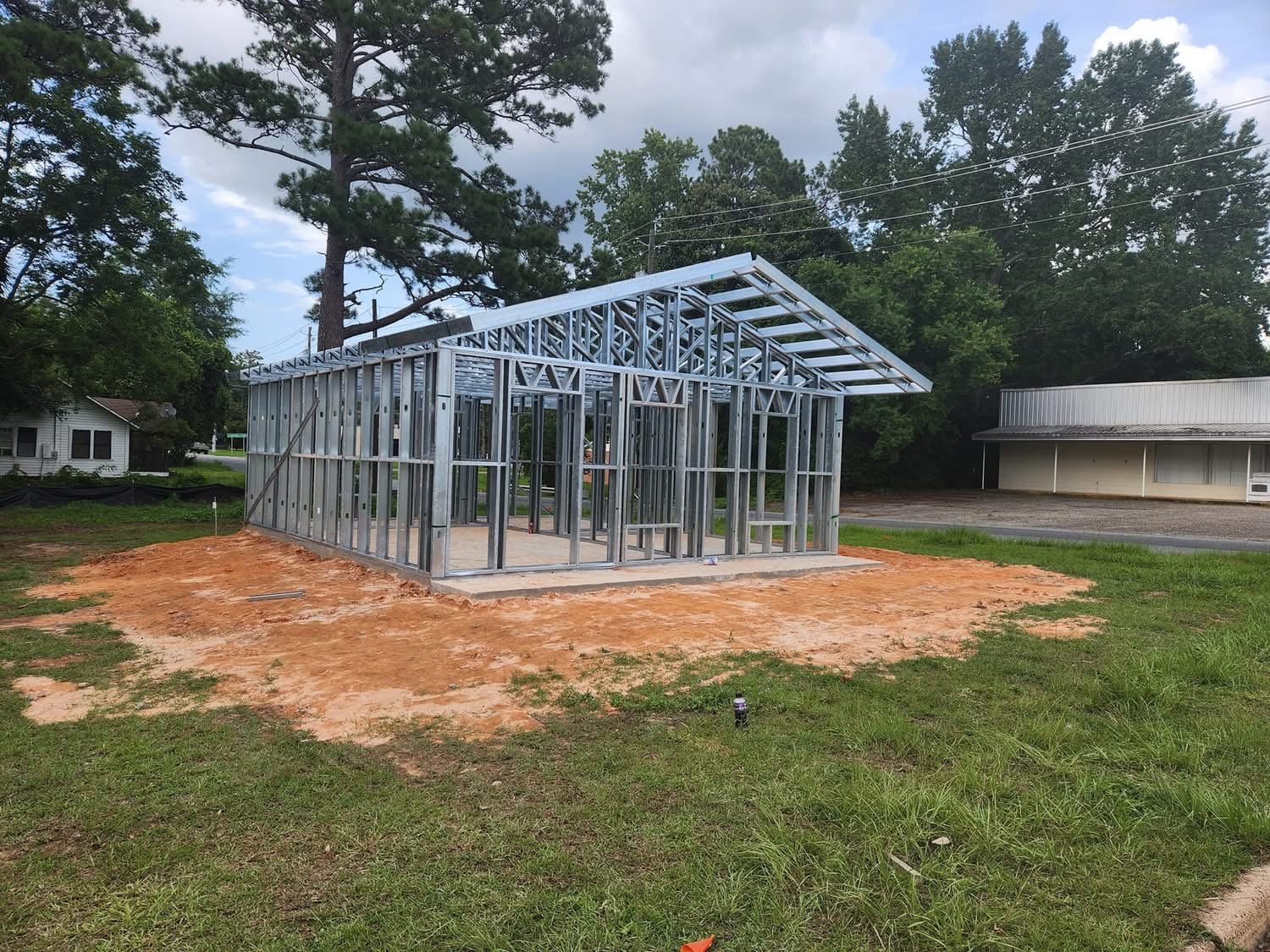 Steel barndominium frame with pitched roof in North Carolina