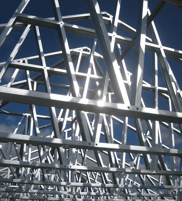 Close-up of galvanized steel roof trusses for North Carolina barndo